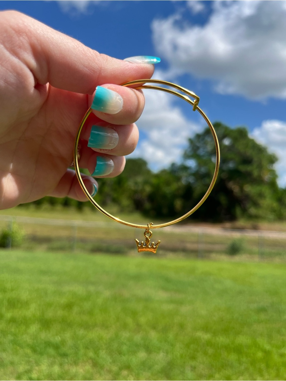 Handmade Gold Crown Charm Bangle Bracelet - Women Jewelry
